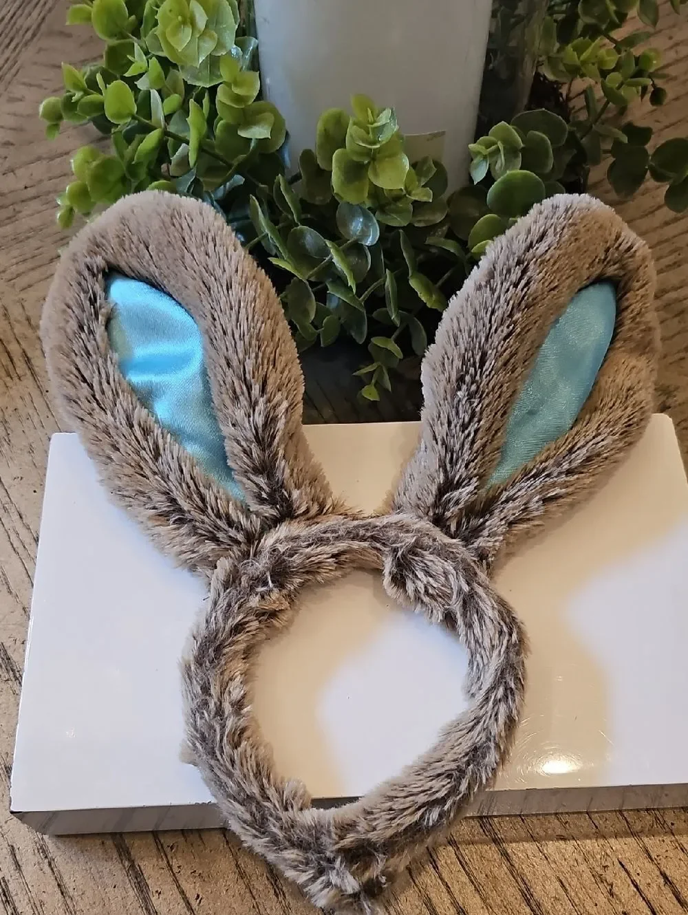 Plush Bunny Ear Headband for Kids - Light Brown with Blue Lining